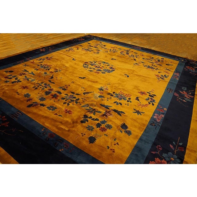 Art Deco Stunning Yellow Background and Navy Blue Color With Special Floral Design Antique Chinese Art Deco Rug For Sale - Image 3 of 6