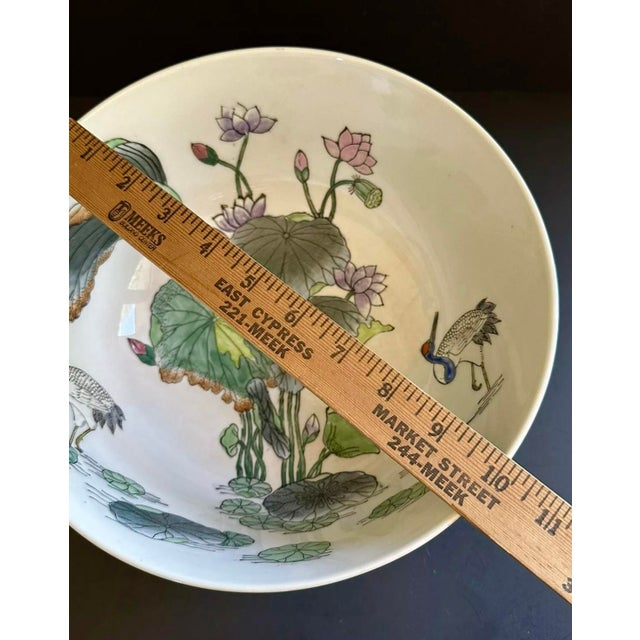 Mid 20th Century Vintage Chinese Bowl W/ Hand Painted Lotus Flowers & Cranes For Sale - Image 5 of 12