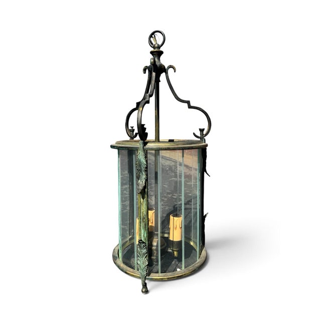 1950s 3-Light Brass & Beveled Glass Cylinder Foyer Chandelier / Lantern A vintage European-style hanging lantern featuring...