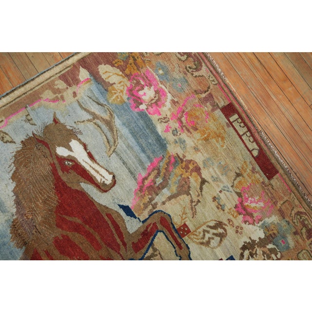 Folk Art Antique Brown Horse 20th Century Pictorial Wool Decorative Rug For Sale - Image 3 of 18
