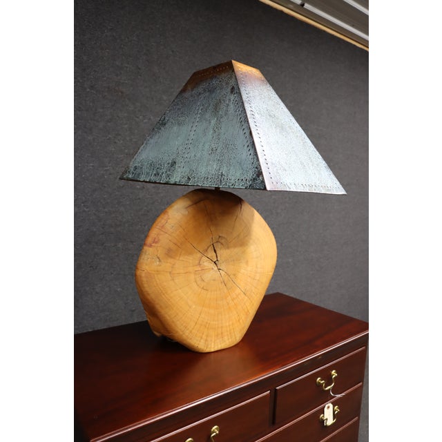 Mid 20th Century Mid Century Modern Oversized Live Edge Wood Table Lamp With Patinated Copper Shade For Sale - Image 9 of 12