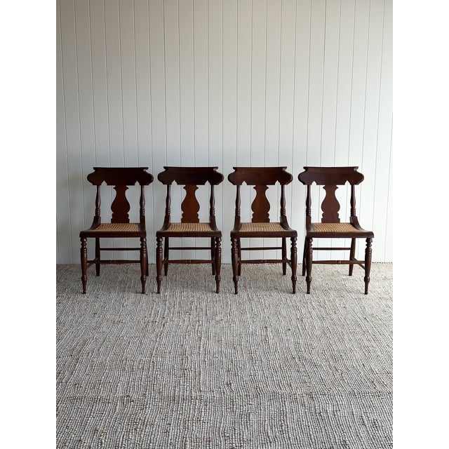 American 1960s Vintage Sculpted Mahogany Dining Chairs With Cane Seats, Set of 4 For Sale - Image 3 of 15
