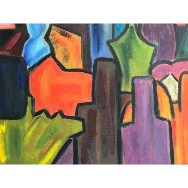 1950s Mid Century Abstract Cityscape Painting Oil on Board For Sale - Image 5 of 6