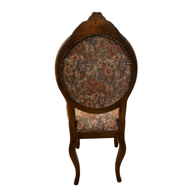 1950s Vintage Accent Chair, Carved Back, Solid Walnut, Flower Embroidery Seat and Back For Sale - Image 5 of 11