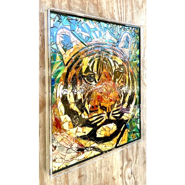 Vintage Glass Mosaic of Tiger in Lucite Box Wall Sculpture For Sale In West Palm - Image 6 of 10