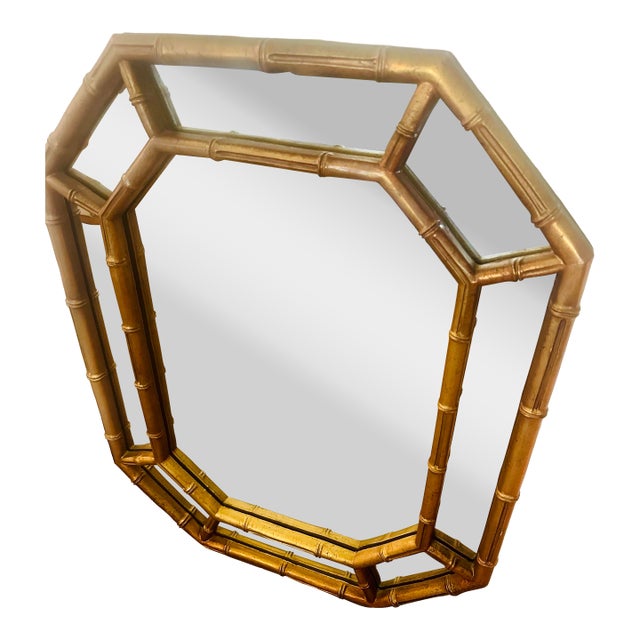 Vintage Hollywood Regency Gold Faux Bamboo Octagonal Mirror For Sale