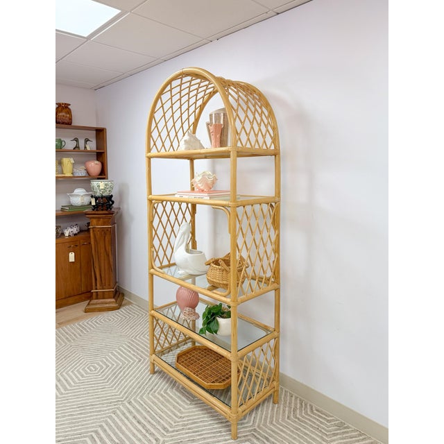 Vintage Arched Rattan Wicker Bamboo Shelf Hollywood Regency Coastal 5 Shelves For Sale - Image 15 of 15