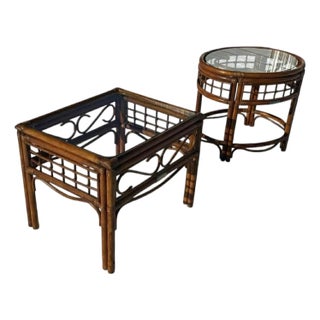 Vintage French Country Bamboo Rattan Brass Accents End Tables Side Tables W Glass Top For Sale