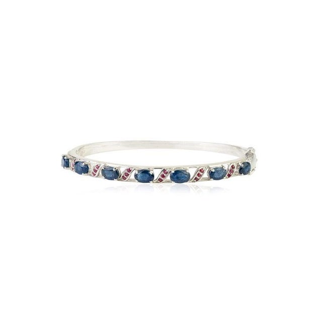 Vintage 925 Sterling Silver Bangle With Natural Blue Sapphire & Ruby Gemstones For Sale - Image 4 of 9