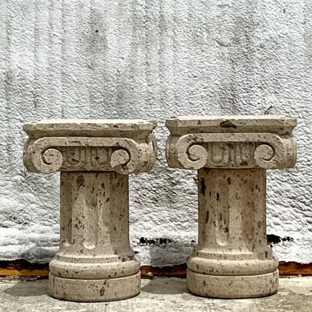 Vintage Boho Carved Sandstone Dining Table Pedestals - Set of 2 For Sale In West Palm - Image 6 of 8