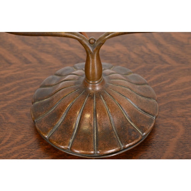 Tiffany Studios New York Bronze Harp Favrile Iridescent Art Glass Desk Lamp For Sale - Image 9 of 12