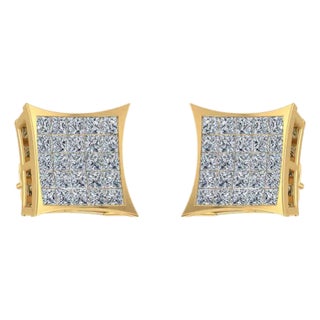 10K Yellow Gold Mens Princess Diamond Square Stud Earrings 3/4 Cttw, A Pair For Sale
