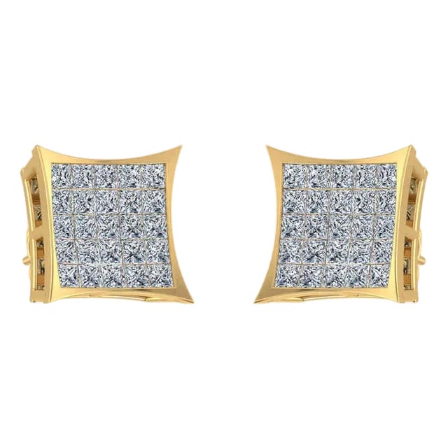 10K Yellow Gold Mens Princess Diamond Square Stud Earrings 3/4 Cttw, A Pair For Sale