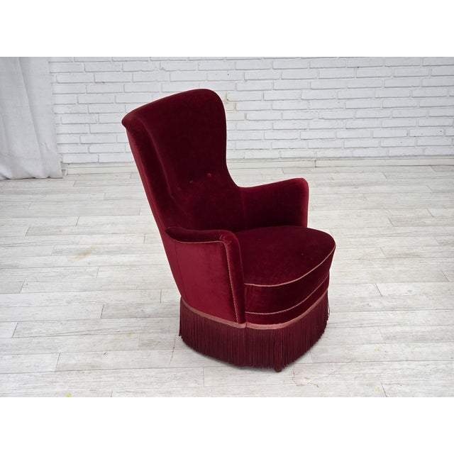 Danish Armchair in Cherry-Red Velour with Ash Legs, 1970s For Sale - Image 14 of 17
