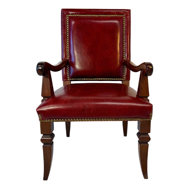 Empire Style Throne Armchair in Red Leather and Beechwood with Bronze Studs, 1980s For Sale