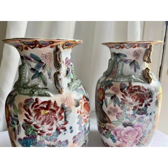 Mid 20th Century Vintage Chinese Export Hand Painted Partridge & Chrysanthemums Vases - a Pair For Sale - Image 5 of 13