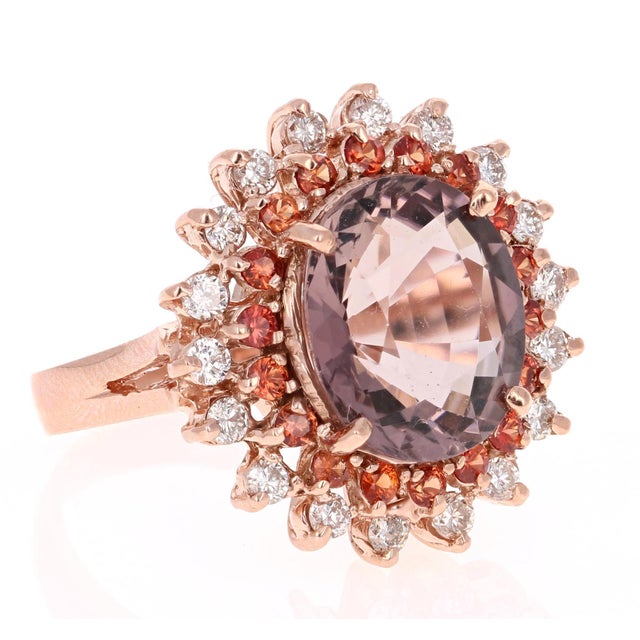 Contemporary 7.17 Carat Oval Cut Tourmaline Sapphire Diamond Rose Gold Cocktail Ring, Size 7 For Sale - Image 3 of 8