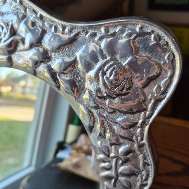 Folk Art 1990s Handcrafted Mexican Pewter Ornate Elegant Tabletop Mirror Folk Art 12x10" Roses For Sale - Image 3 of 16