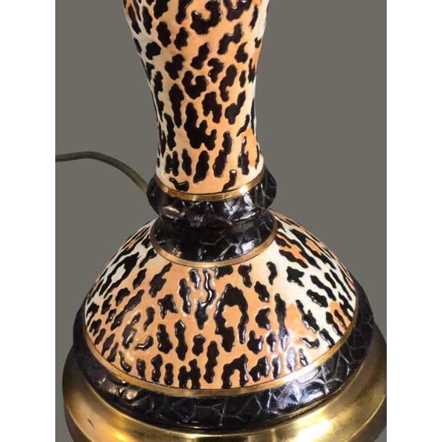 Hollywood Regency Decorative Animal Print Leopard Ceramic Candlestick Table Lamp For Sale - Image 4 of 11