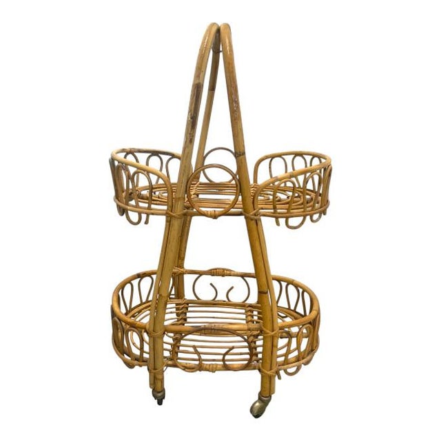 Mid-Century Modern Vintage Rolling Rattan Plant Stand/ Utility Cart For Sale - Image 3 of 6