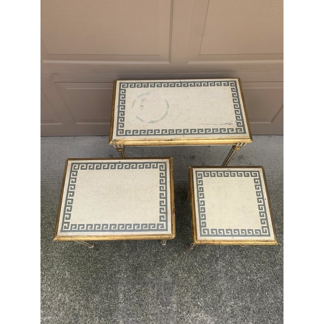 Wood Italian Greek Key Nesting Tables in Aged Silver Leaf & Gilt, Set of Three For Sale - Image 7 of 13