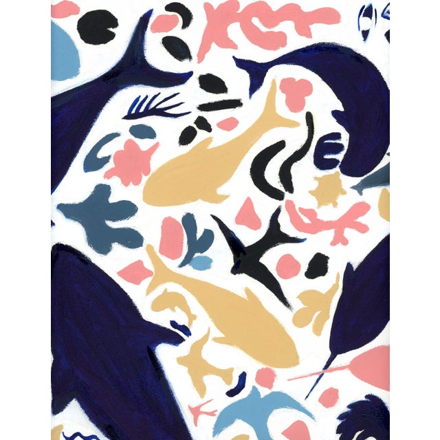 A modern abstract pastoral landscape An elegant, abstract oil painting of shapes and animals in nature executed in a...