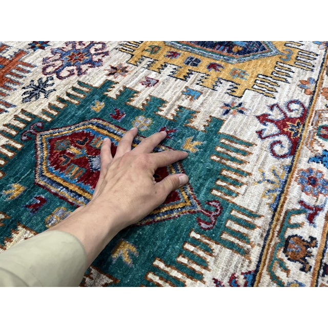 Ivory & Blue Afghan Sultani Natural Dye Wool Rug, Tribal Geometric Medallions, 6′8″ × 9′11″ For Sale - Image 11 of 15