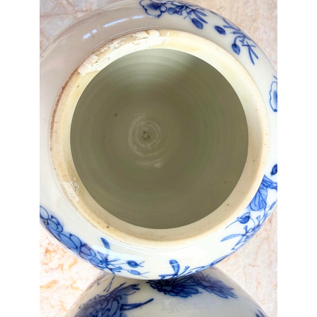 Blue Vintage Chinese Floral Blue & White Qing Ginger Jar Pair With Lotus Petal Border For Sale - Image 8 of 12
