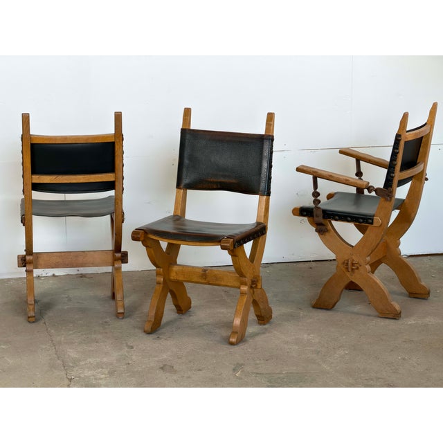 Brutalist Dutch Oak and Leather X-Frame Chairs by Bram Sprij, 1960s, Set of 6 For Sale - Image 6 of 16