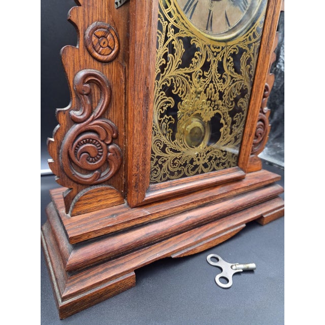 Antique New Haven "Maine Line" 8-Day Striking Stenciled Glass & Wood Case Mantel Clock For Sale - Image 11 of 18
