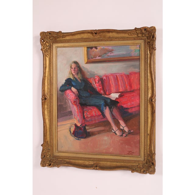 Impressionist Interior Painting of a Blonde Girl on a Red Sofa by Donald Putt Putman (1926-2007) For Sale - Image 3 of 11