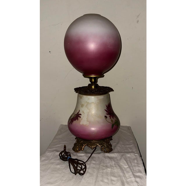 Antique Victorian Electrified “GWTW”Oil Lamp With Hand-Painted Floral Double Glass Shades For Sale - Image 11 of 13