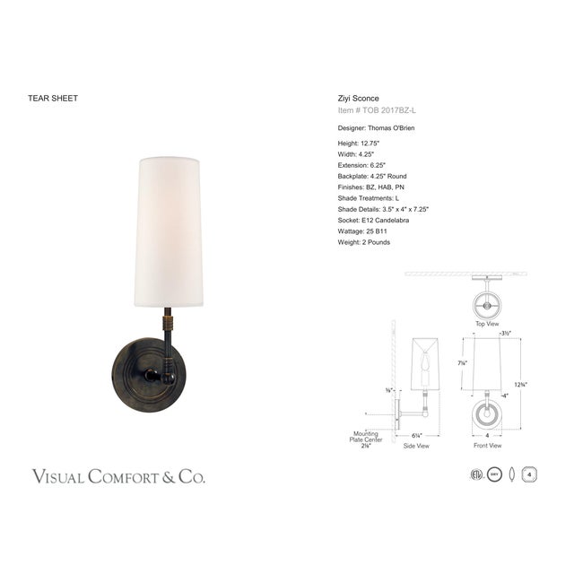 Modern Thomas O'Brien for Visual Comfort Signature Ziyi Sconce in Bronze with Linen Shade For Sale - Image 3 of 5
