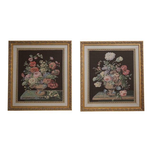 Pair Irish Framed Floral Tapestry Art For Sale
