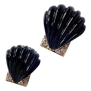 Vintage Estate Cartier Yellow Gold Diamond Onyx Shell Earrings, Pair For Sale