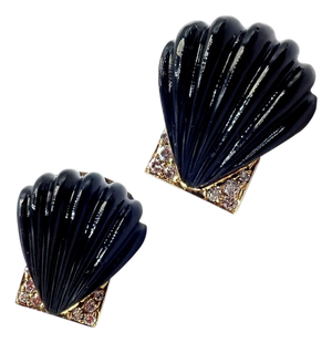 Vintage Estate Cartier Yellow Gold Diamond Onyx Shell Earrings, Pair