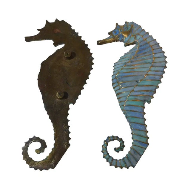 1950s Pair of 1950s Pepe Mendoza Enameled Bronze Large Seahorse Door Handles Pulls For Sale - Image 5 of 6