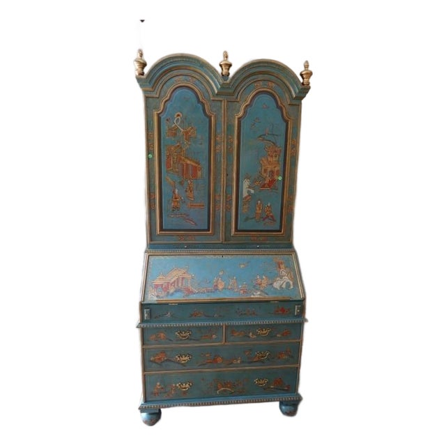 Turquoise/Blue Maitland Smith Vintage Japanese Secretary Desk For Sale