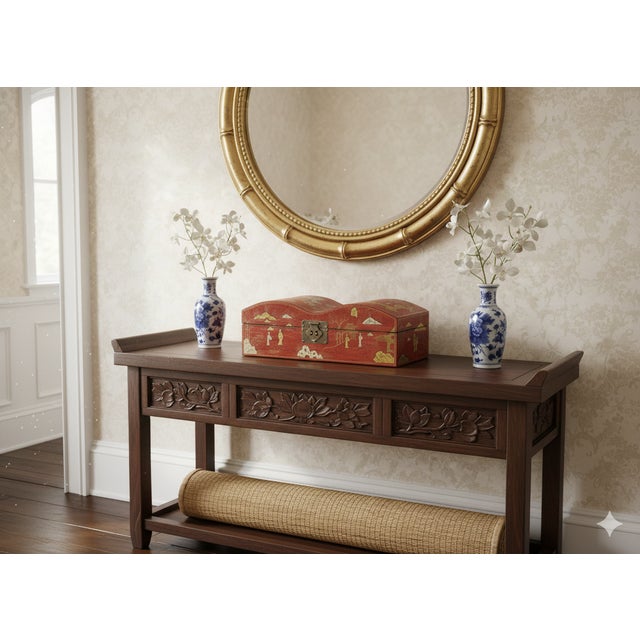 Wood Red Lacquer Chinoiserie-Style Gold Silver Scenery Graphic Rectangular Box For Sale - Image 7 of 13