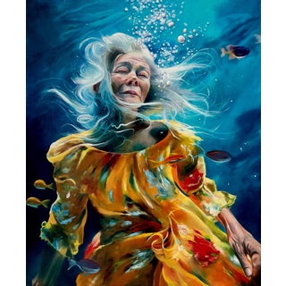 Flourish by Sarah Harvey | Oil on canvas Portrait of a woman underwater in a yellow dress. For Sale