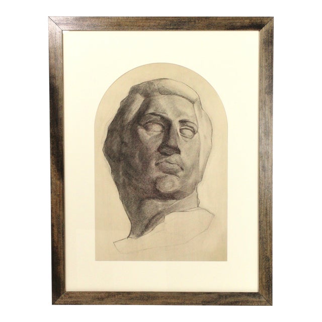Vintage 1950s Pencil Drawing of Young Male Bust With Arched Opening Mat For Sale