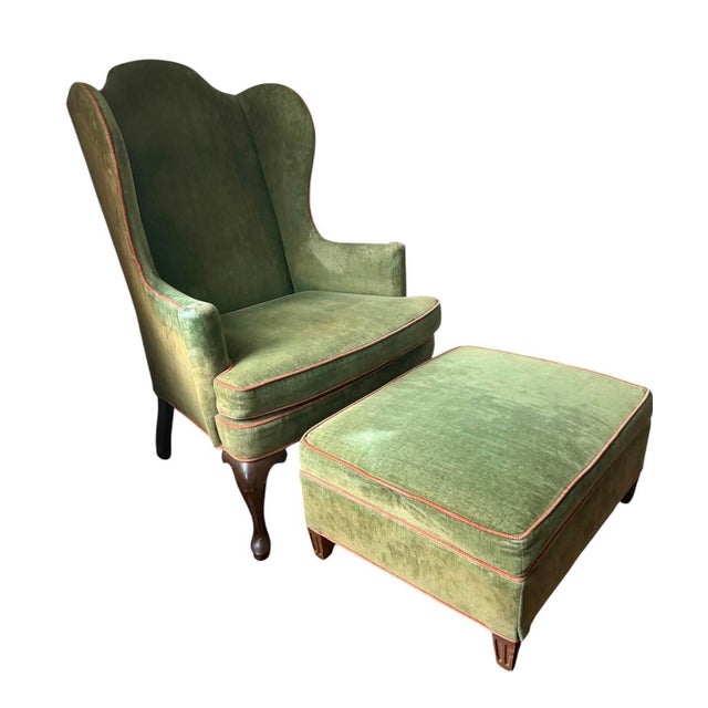 Vintage Wingback Chair and Ottoman by Woodmark Originals in Green Velvet With Terracotta Piping, a Set For Sale - Image 4 of 13