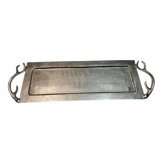 Silver Metal Serving Platter With Antler Handles – 26″ Rectangular Decorative Tray For Sale