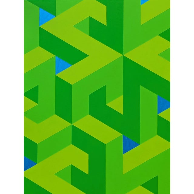 Contemporary Austin Magruder Contemporary Lime Green & Blue Colorful Tessellated Geometric Abstract Painting, 2024 For Sale - Image 3 of 9