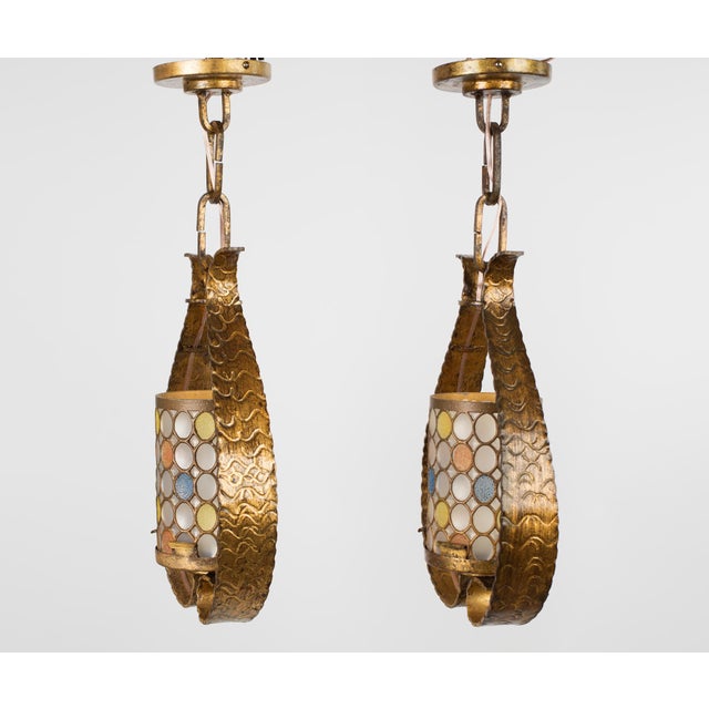Spanish Revival 1950s Spanish Gilt Wrought Iron Lantern Pendants – Neoclassical Mid-Century Modern Ceiling Lights, Pair For Sale - Image 3 of 15