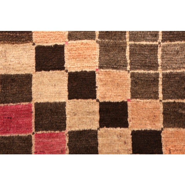 Hand-Knotted Mid-Century Vintage Gabbeh Rug in Beige Brown Geometric Pattern For Sale - Image 4 of 5