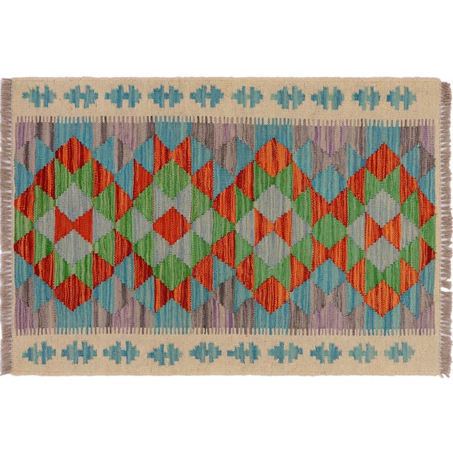 Tribal Turkish Kilim Beige Blue Hand-Woven Wool Rug For Sale - Image 9 of 9