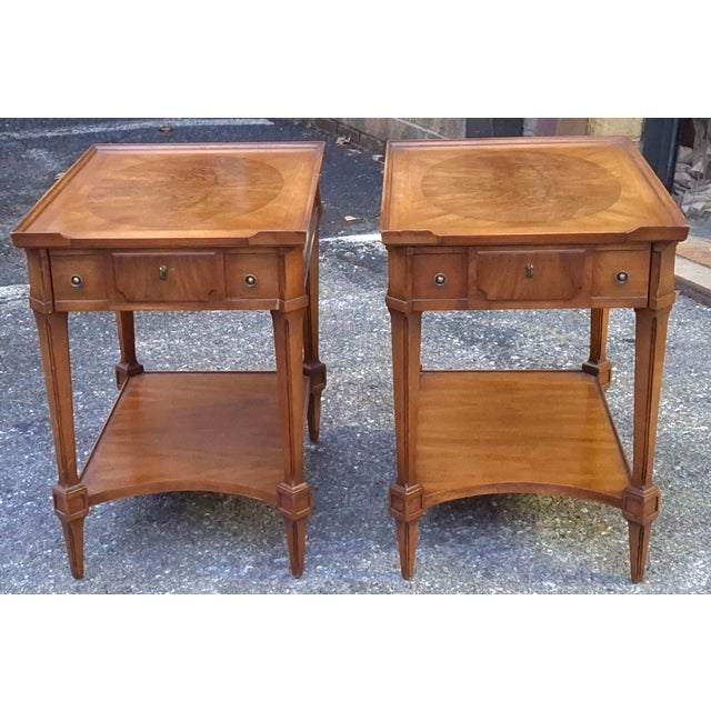 Pair of William A Berkey Fine Furniture for John Widdicomb Walnut and Burl Single Drawer Tiered Side Tables. Well...