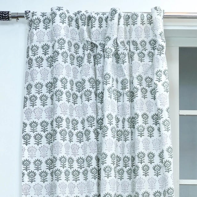 Modern Elegant Block Print Curtain Surajmukhi Design in Viscose Coloured Linen Size-54"Wx102"L For Sale - Image 3 of 6