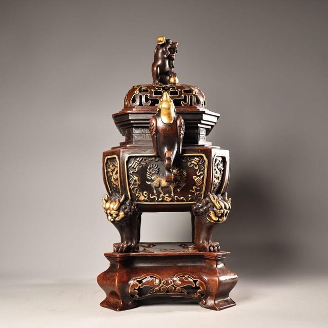 Late 20th Century Gilt Bronze Hexagonal Incense Burner With Qilin and Dragon Motifs For Sale - Image 4 of 10
